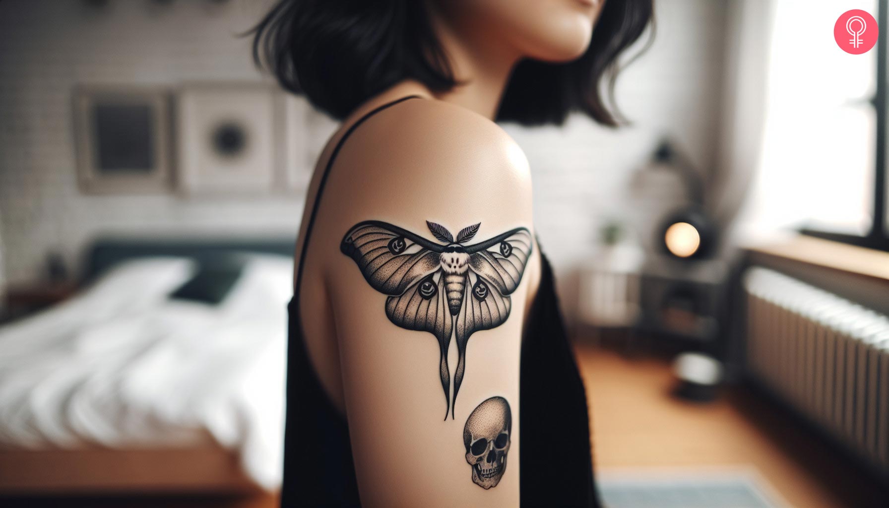 Luna moth skull tattoo on the upper arm