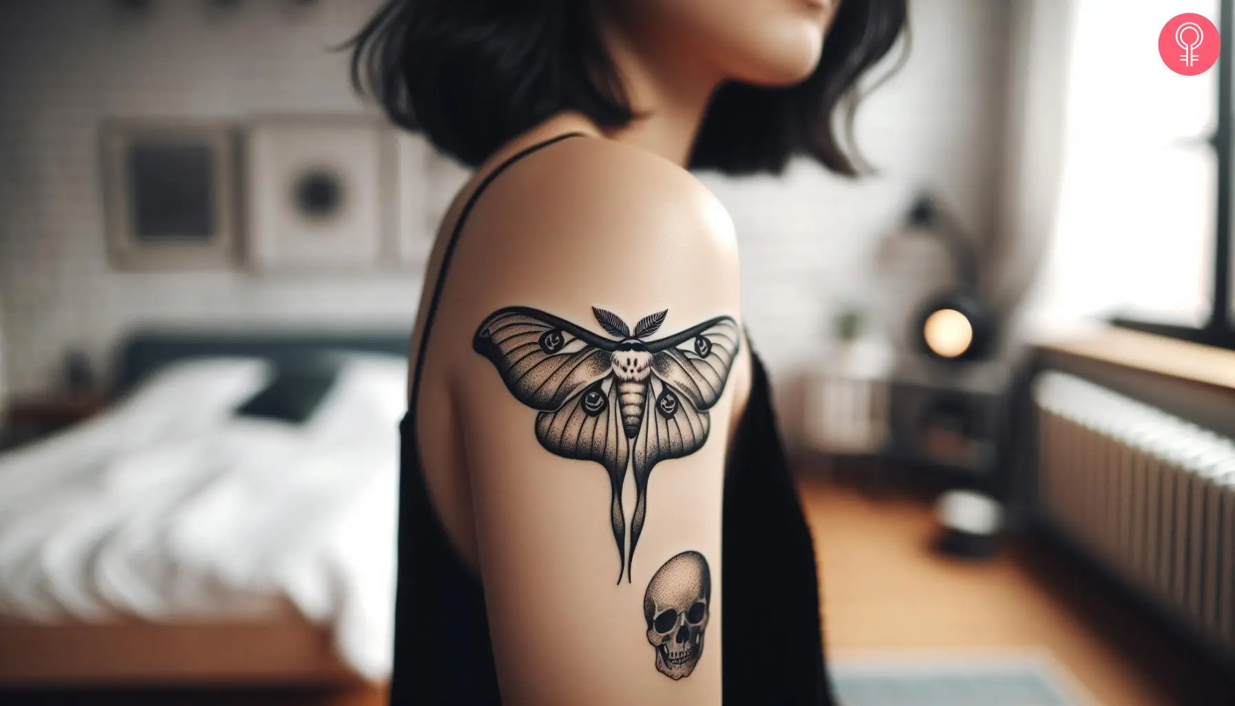 Luna moth skull tattoo on the upper arm