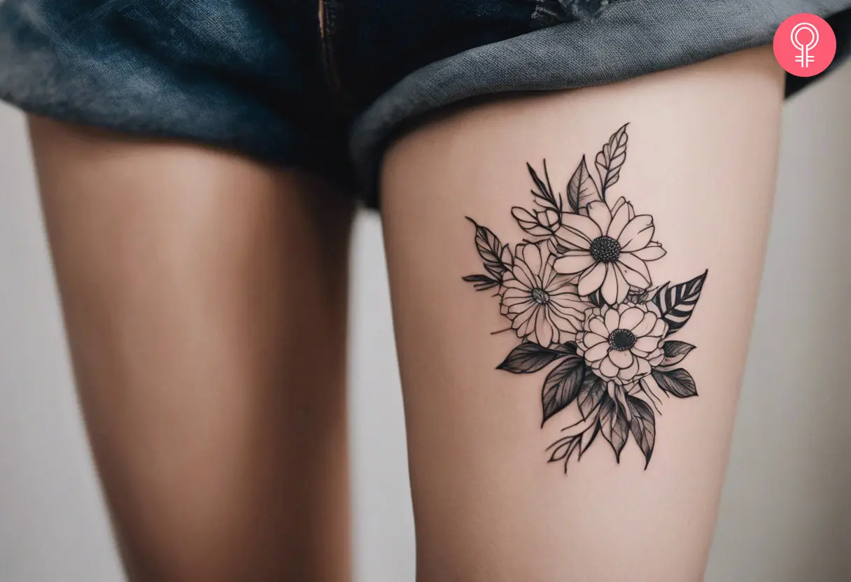 A woman wearing a ‘minimalist flower bouquet’ tattoo on the front thigh.