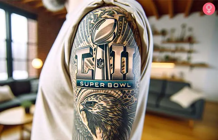 A man with a Philadelphia Eagles Super Bowl tattoo on his bicep