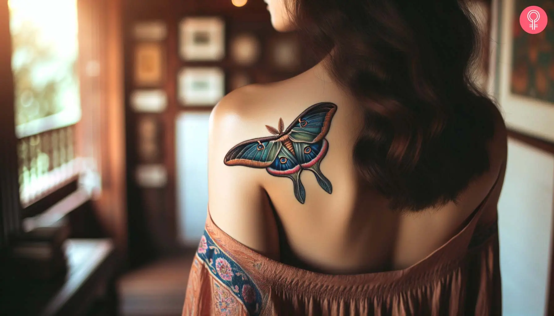 Realistic luna moth tattoo on the upper back