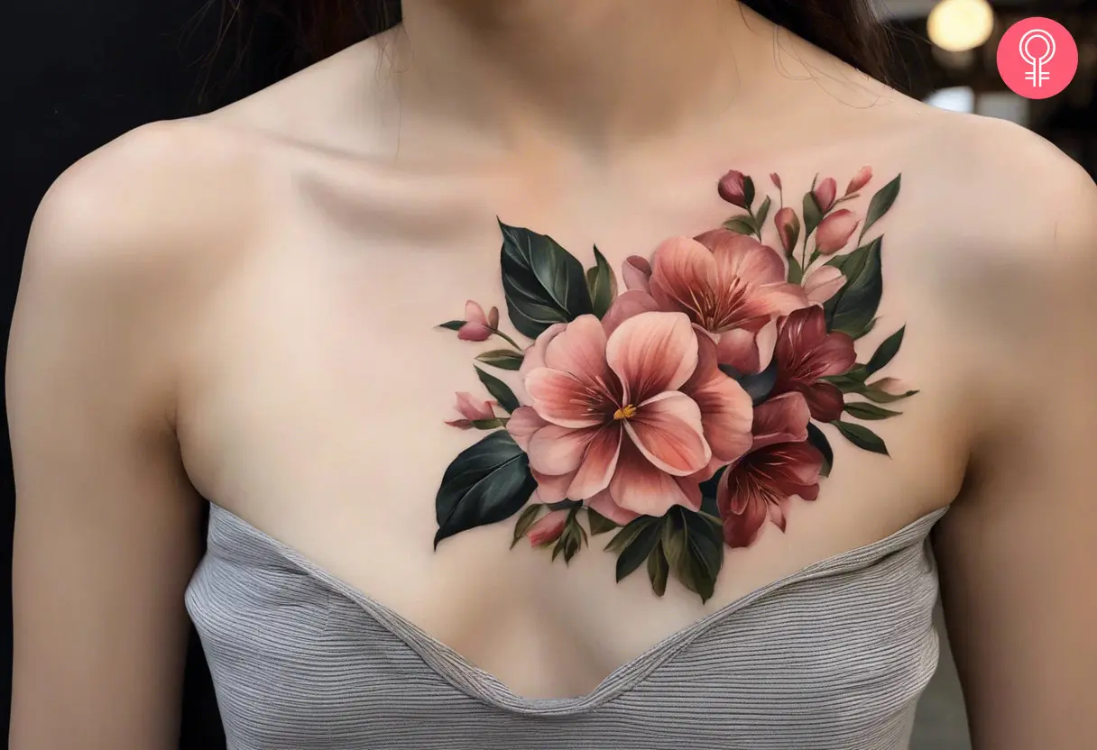 A woman wearing a ‘simple flower bouquet’ tattoo on the chest.