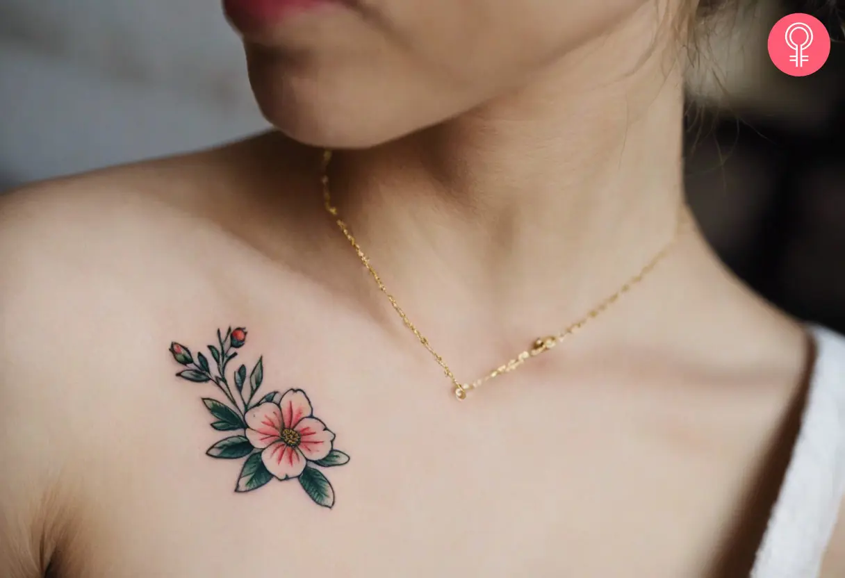 A woman wearing a ‘small flower bouquet’ tattoo on the chest.