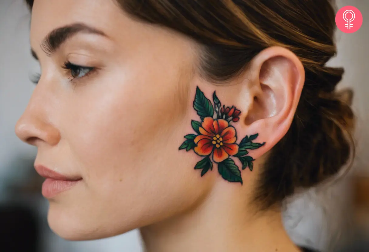 A woman wearing a ‘traditional flower bouquet’ tattoo on the ink.