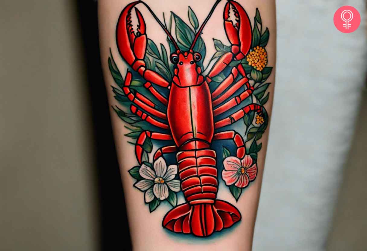 Traditional lobster tattoo on the forearm