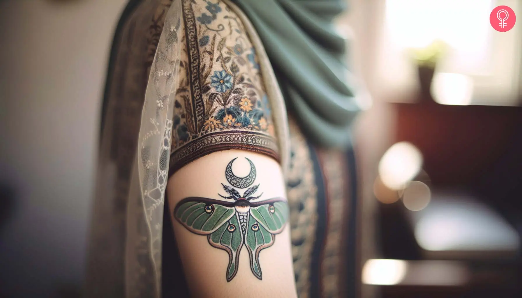 Traditional luna moth tattoo on the upper arm