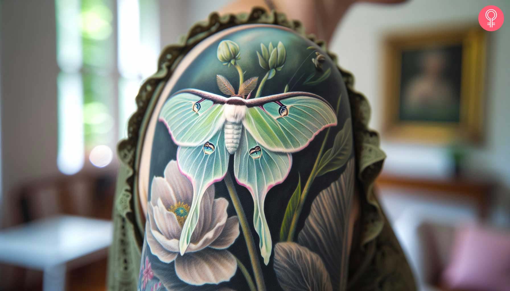 Vibrant luna moth flower tattoo on the upper arm