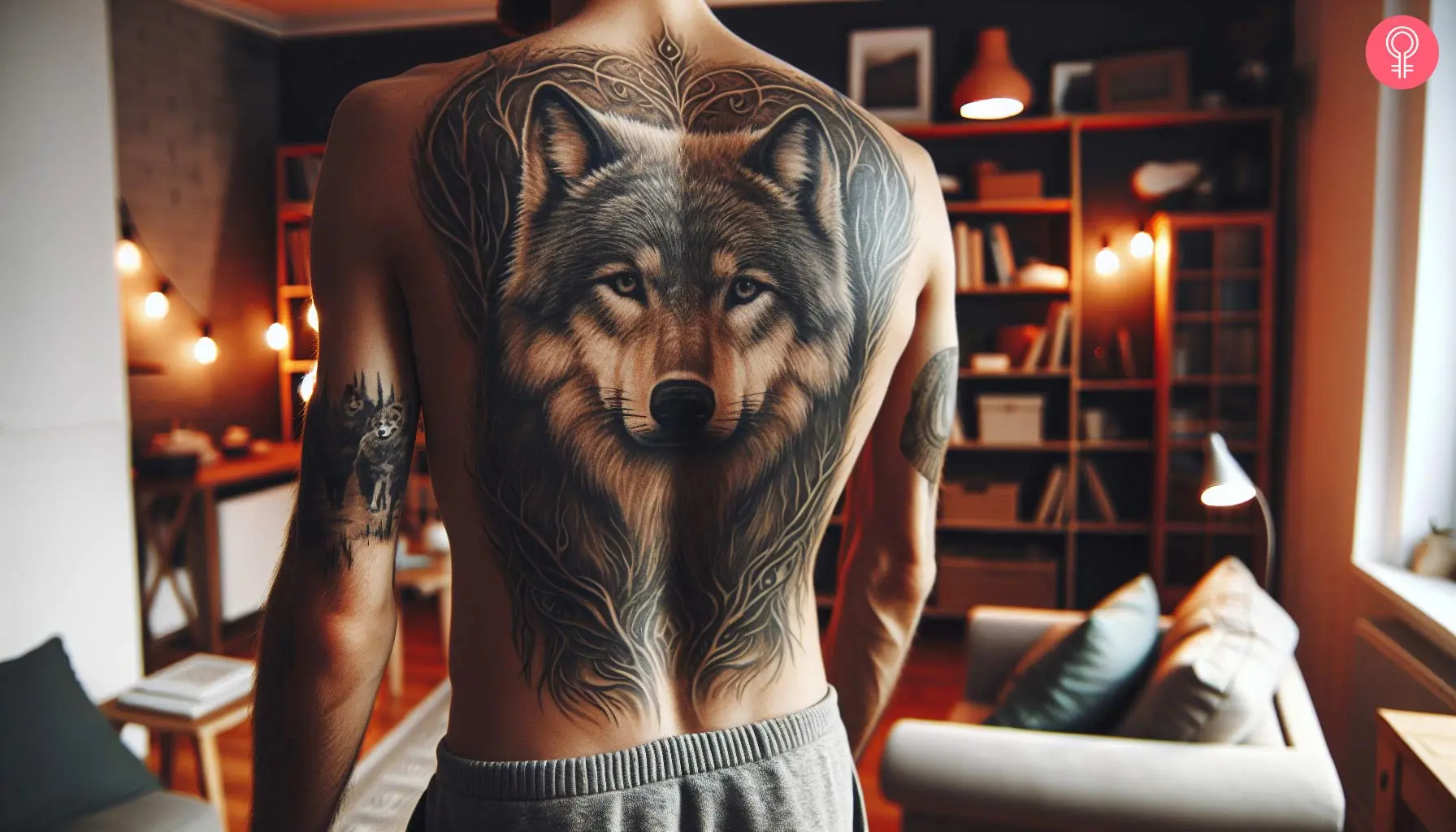 A man with an alpha wolf tattoo on his back