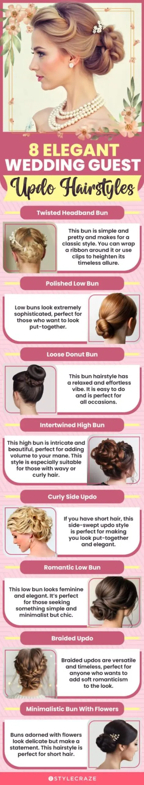 8 elegant wedding guest updo hairstyles (infographic)