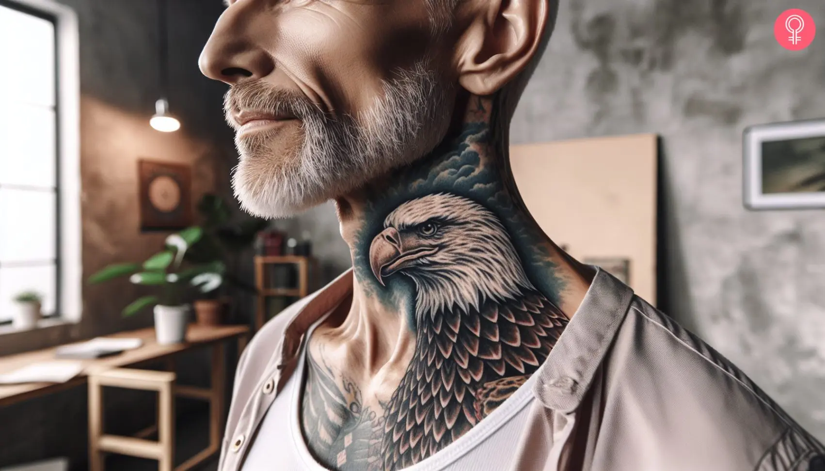 A bald eagle head tattoo on the side of the neck