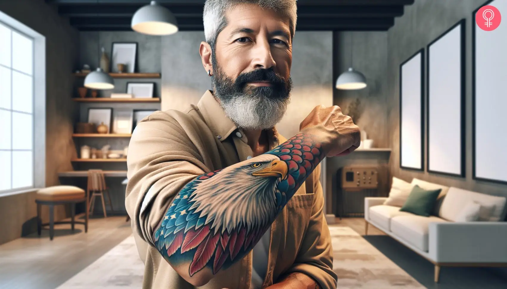 A bald eagle head tattoo with the American flag colors on the forearm