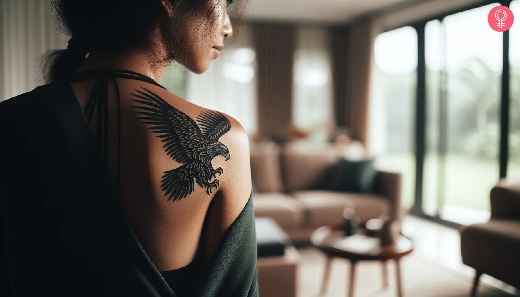 A bald eagle tattoo on the back of the shoulder