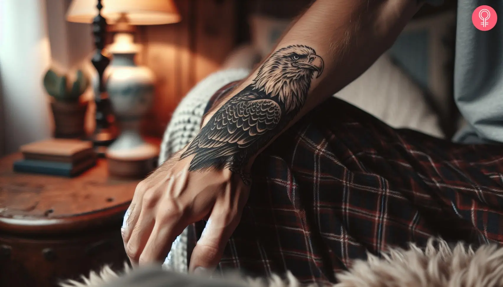 A black and white bald eagle tattoo on the forearm