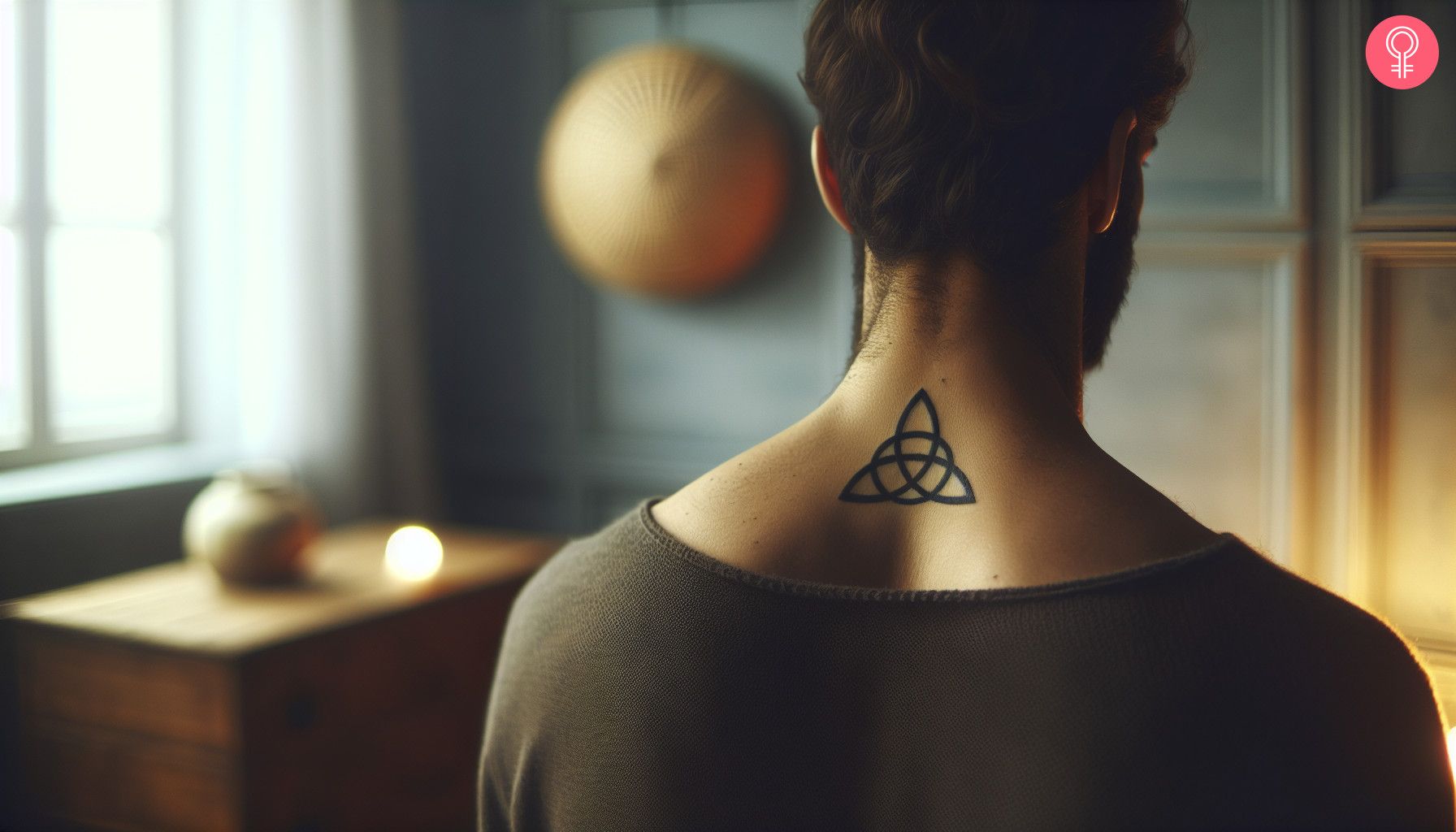 A black triquetra tattoo on the back of the neck