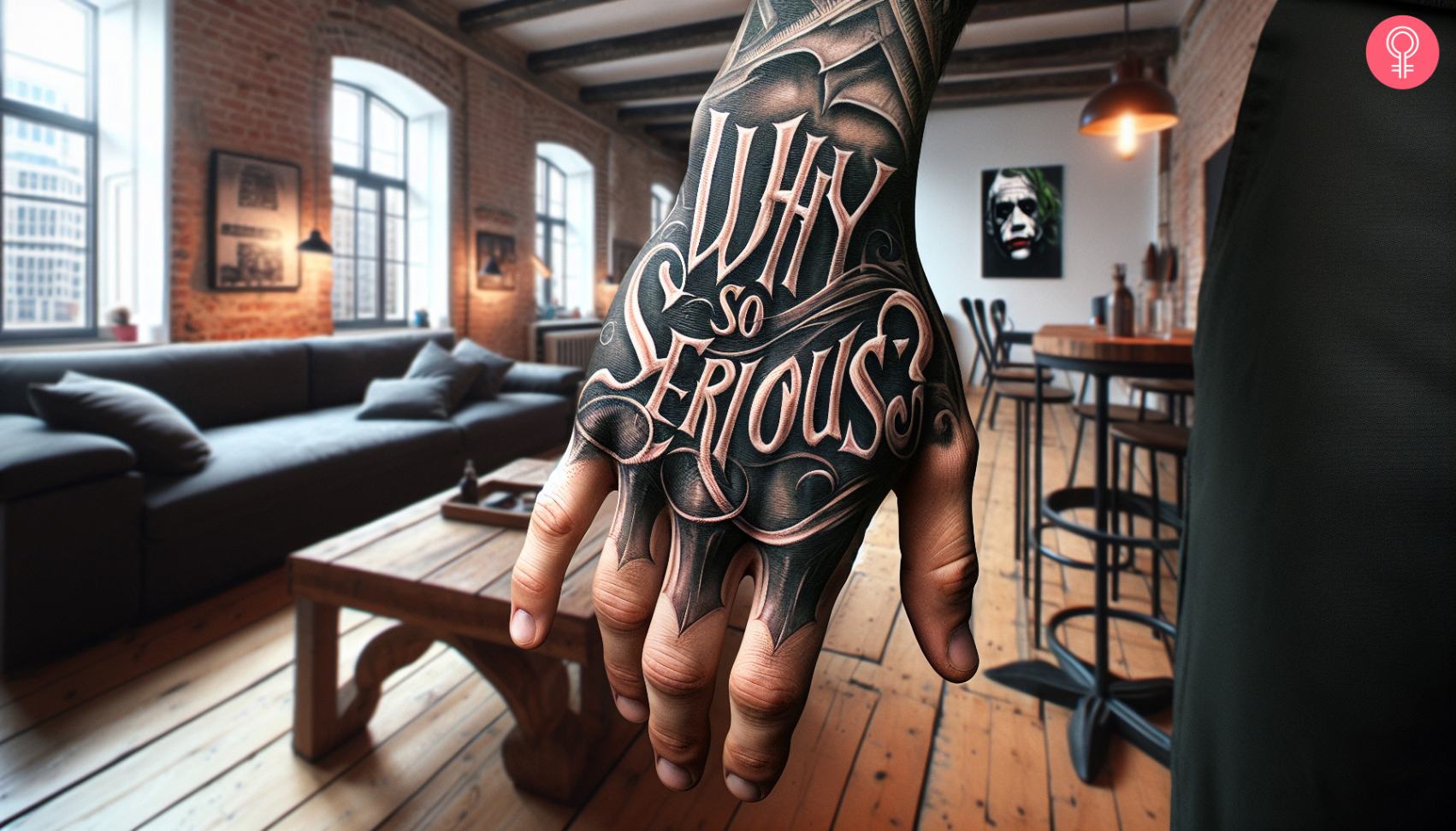 A bold black and gray script tattoo on the back of the hand