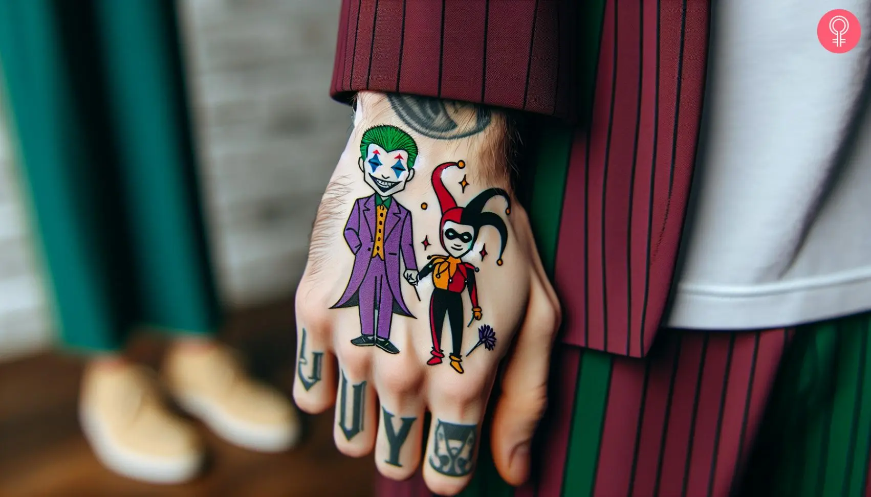 A colorful Joker and Jester tattoo on the back of the hand