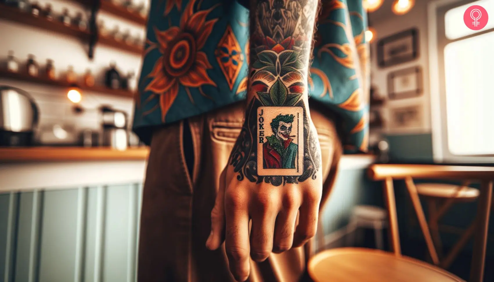 A colorful Joker card tattoo on the back of the hand