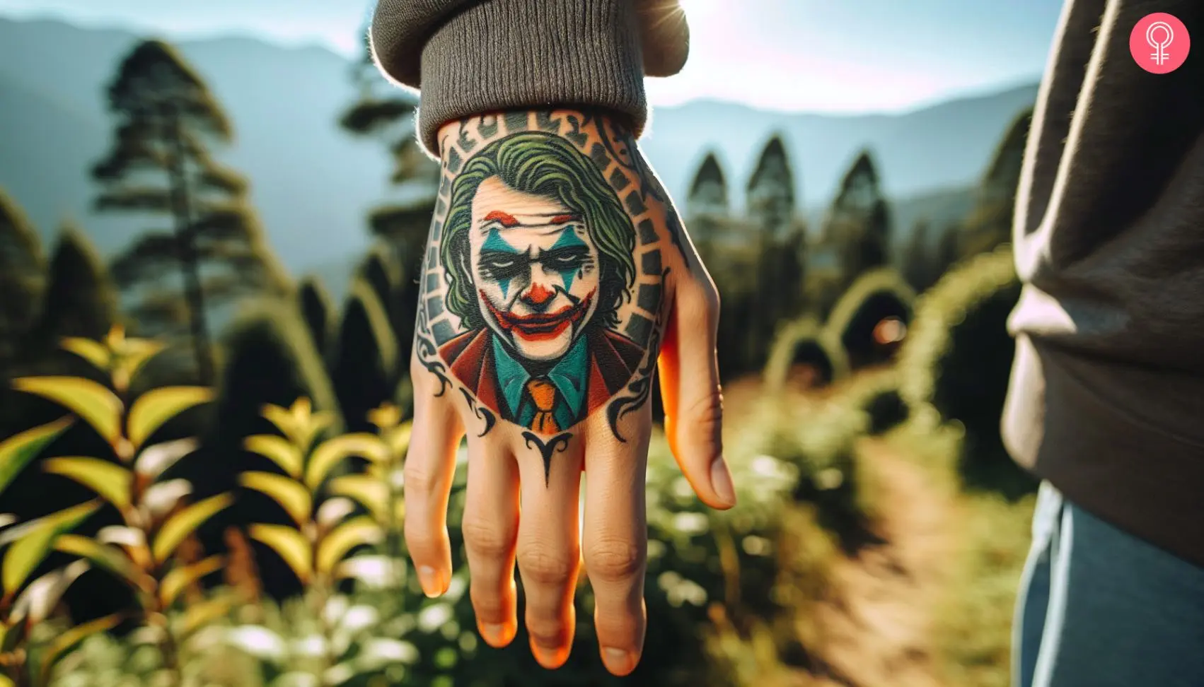 A colorful tattoo of Joker’s face on the back of the hand