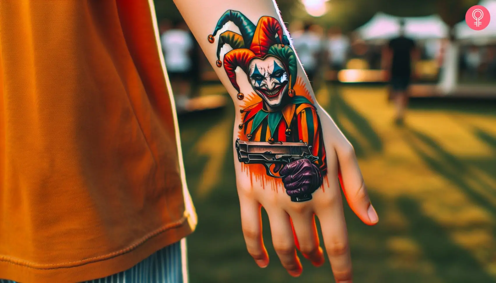 A colorful tattoo of a Joker holding a gun inked on the back of the hand