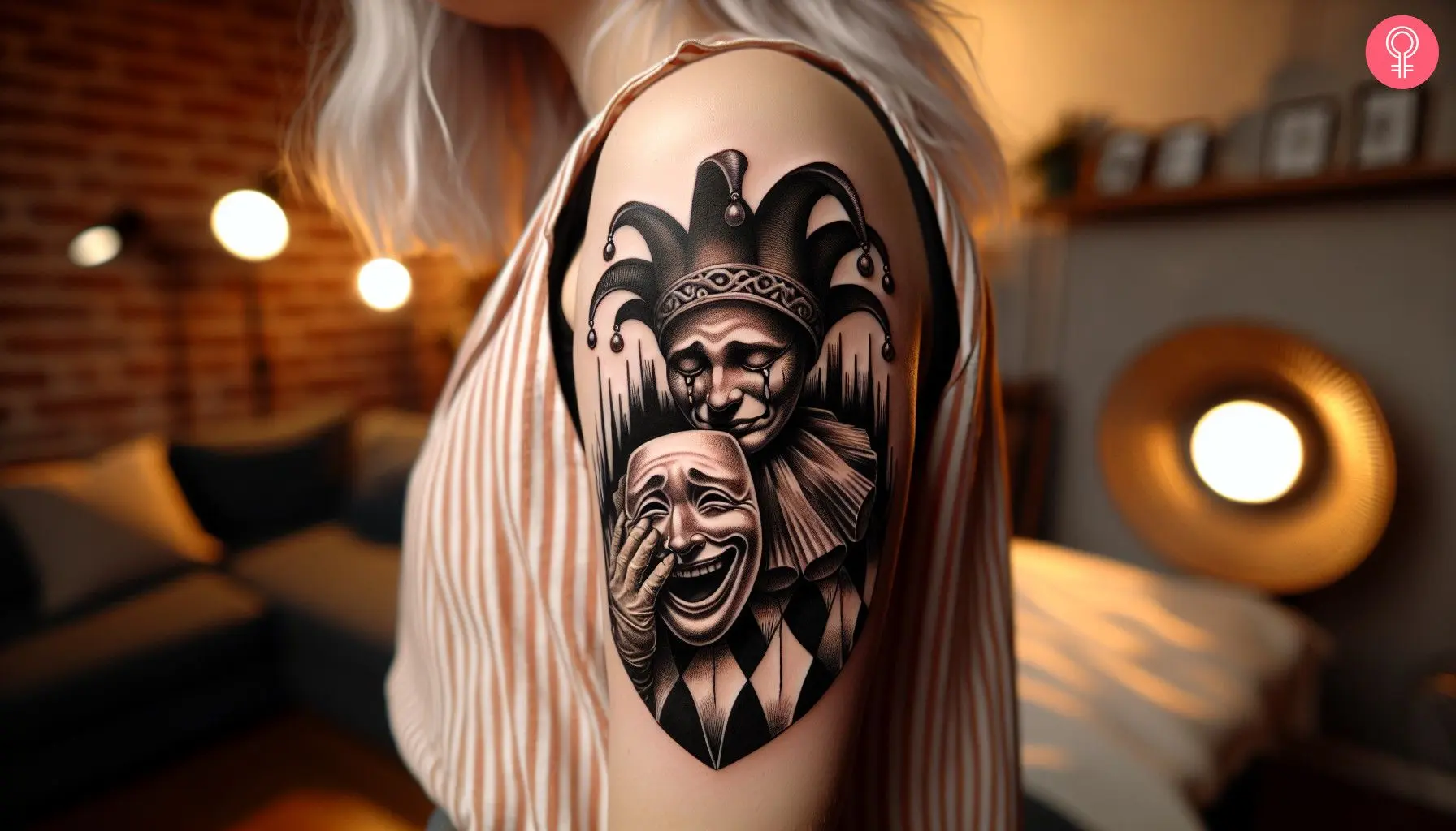 A depressed jester holding a happy-faced mask tattoo on the upper arm