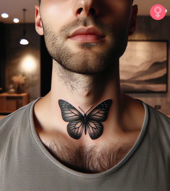 8 Bold And Stylish Neck Tattoos For Men A man wearing a butterfly neck tattoo on the front neck