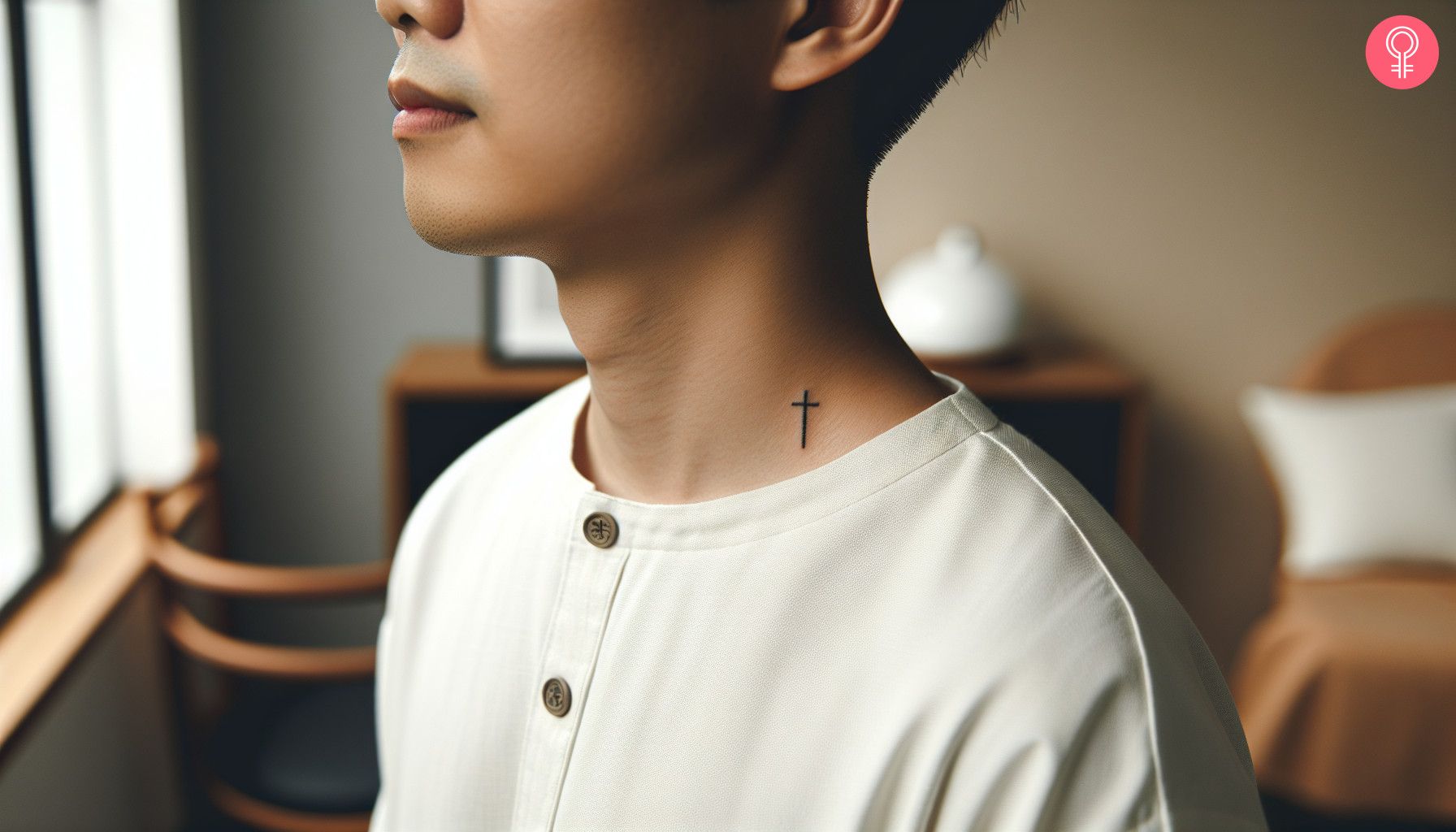 A man wearing a cross tattoo on the neck