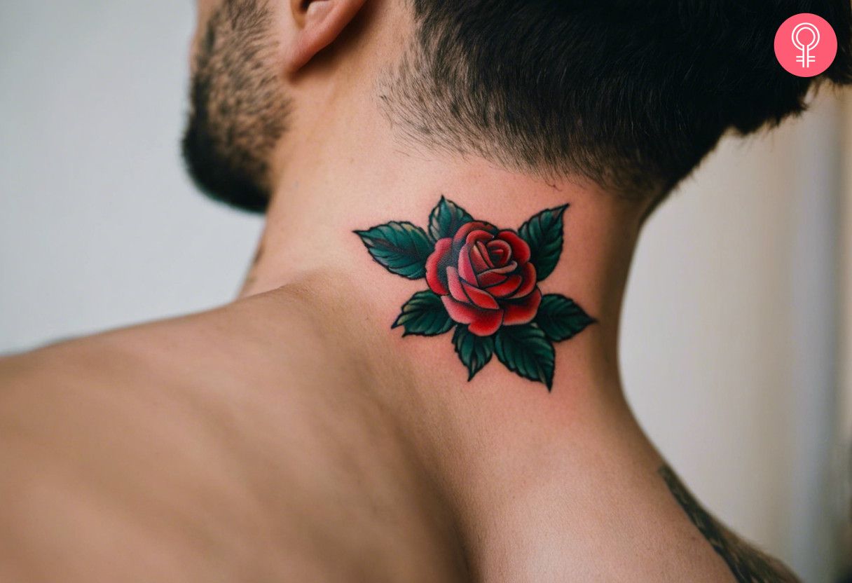 A man wearing a rose tattoo on the back of his neck