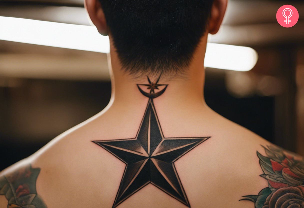 A man wearing a star tattoo on the back of his neck