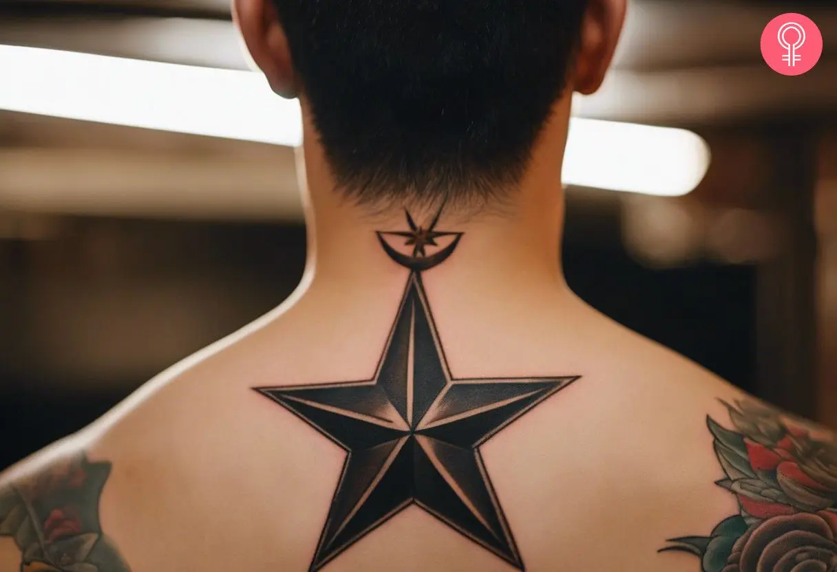 A man wearing a star tattoo on the back of his neck