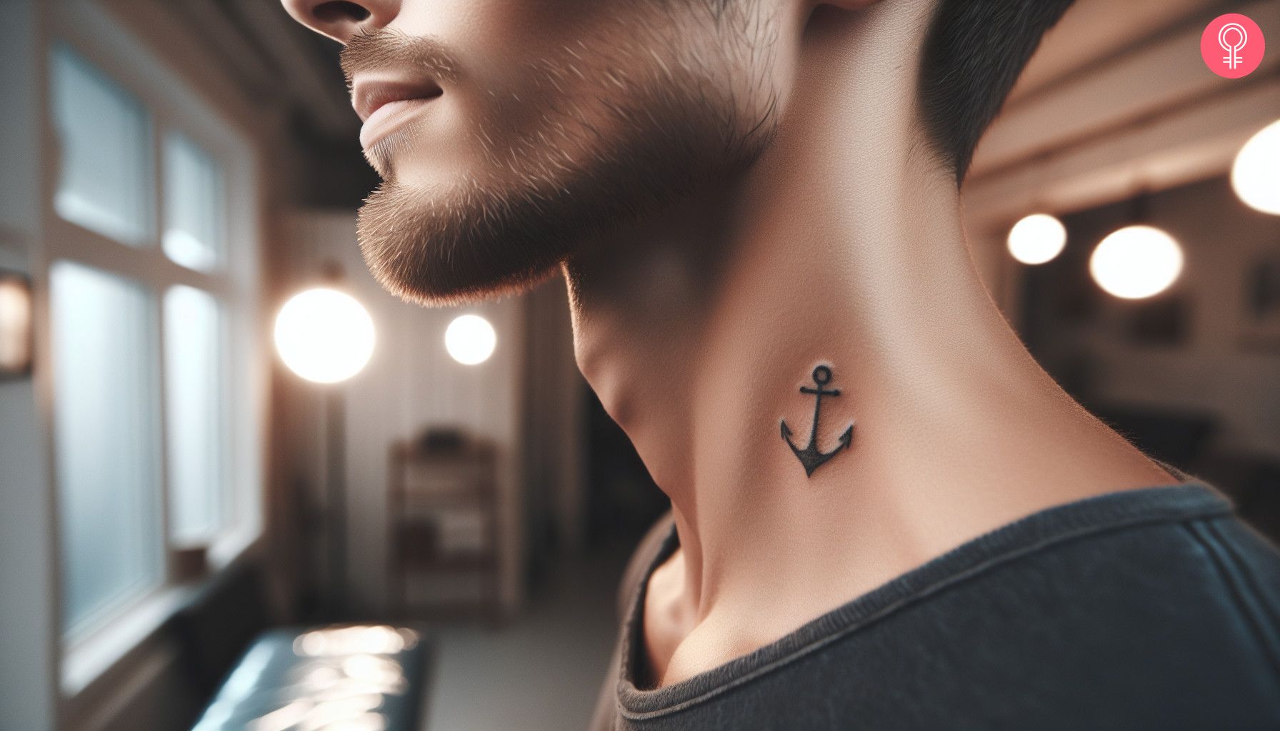 A man with an anchor tattoo on the side of the neck