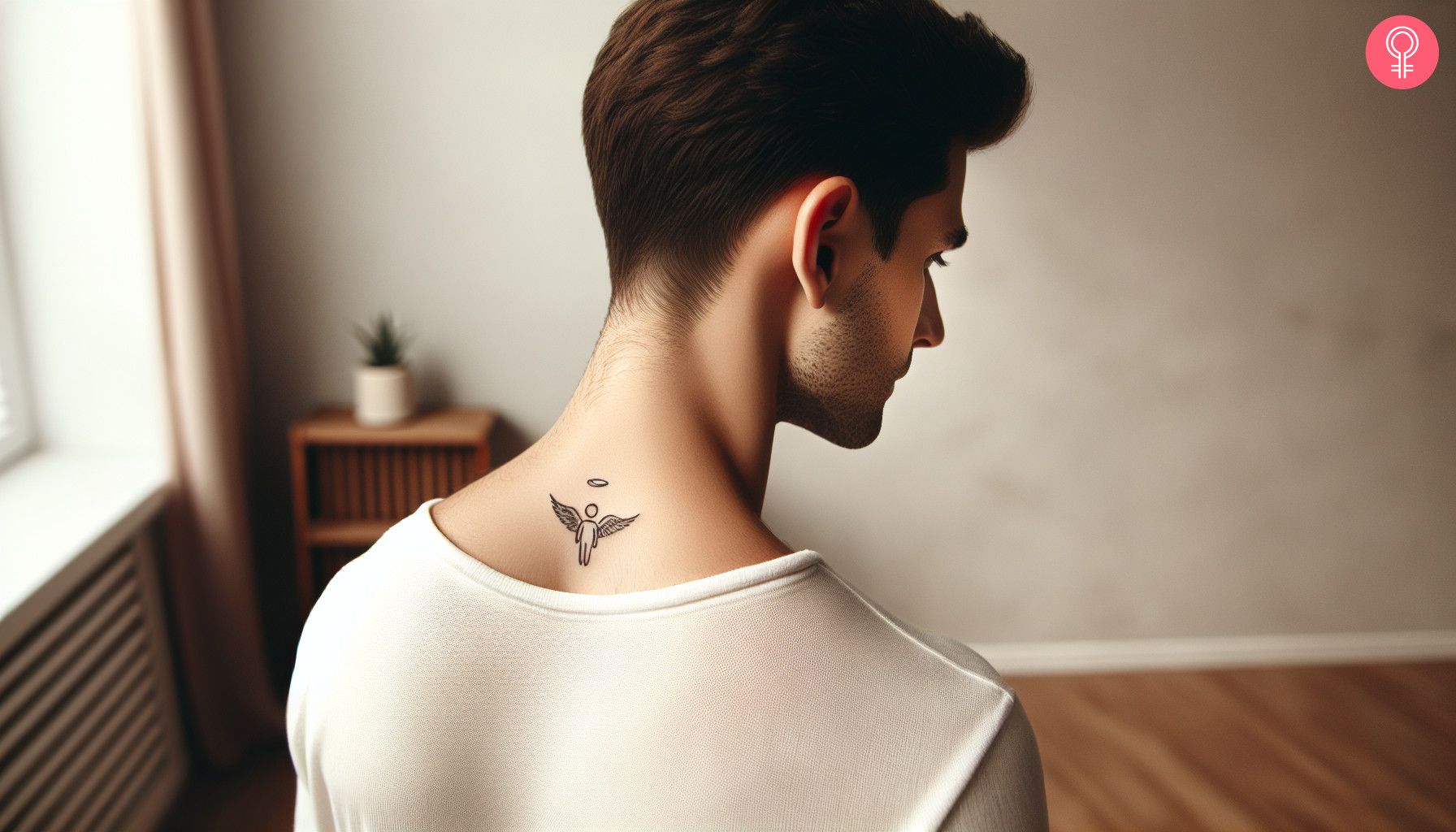 A man with an angel tattoo on his nape