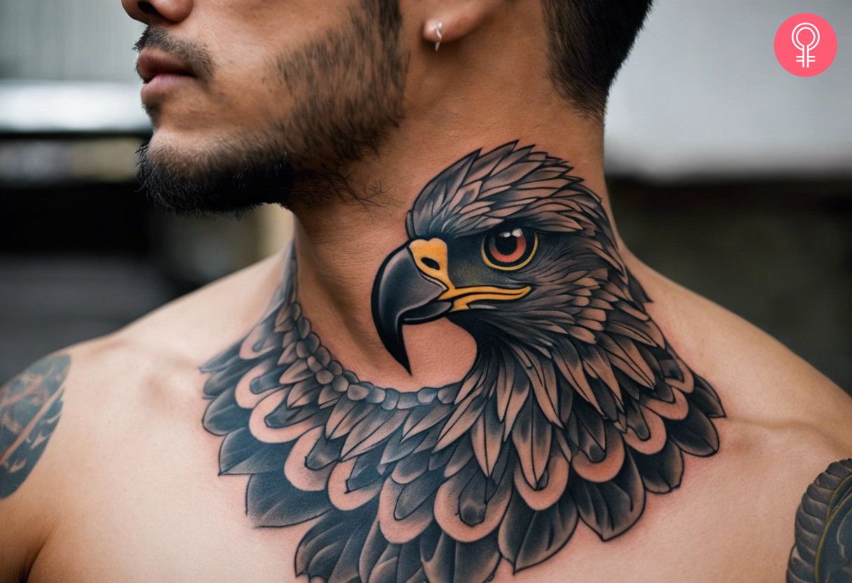 A man with an eagle tattoo on the neck and upper chest