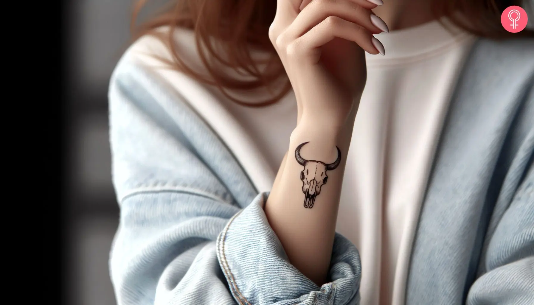 A minimalist cow skull tattoo on the side of the wrist