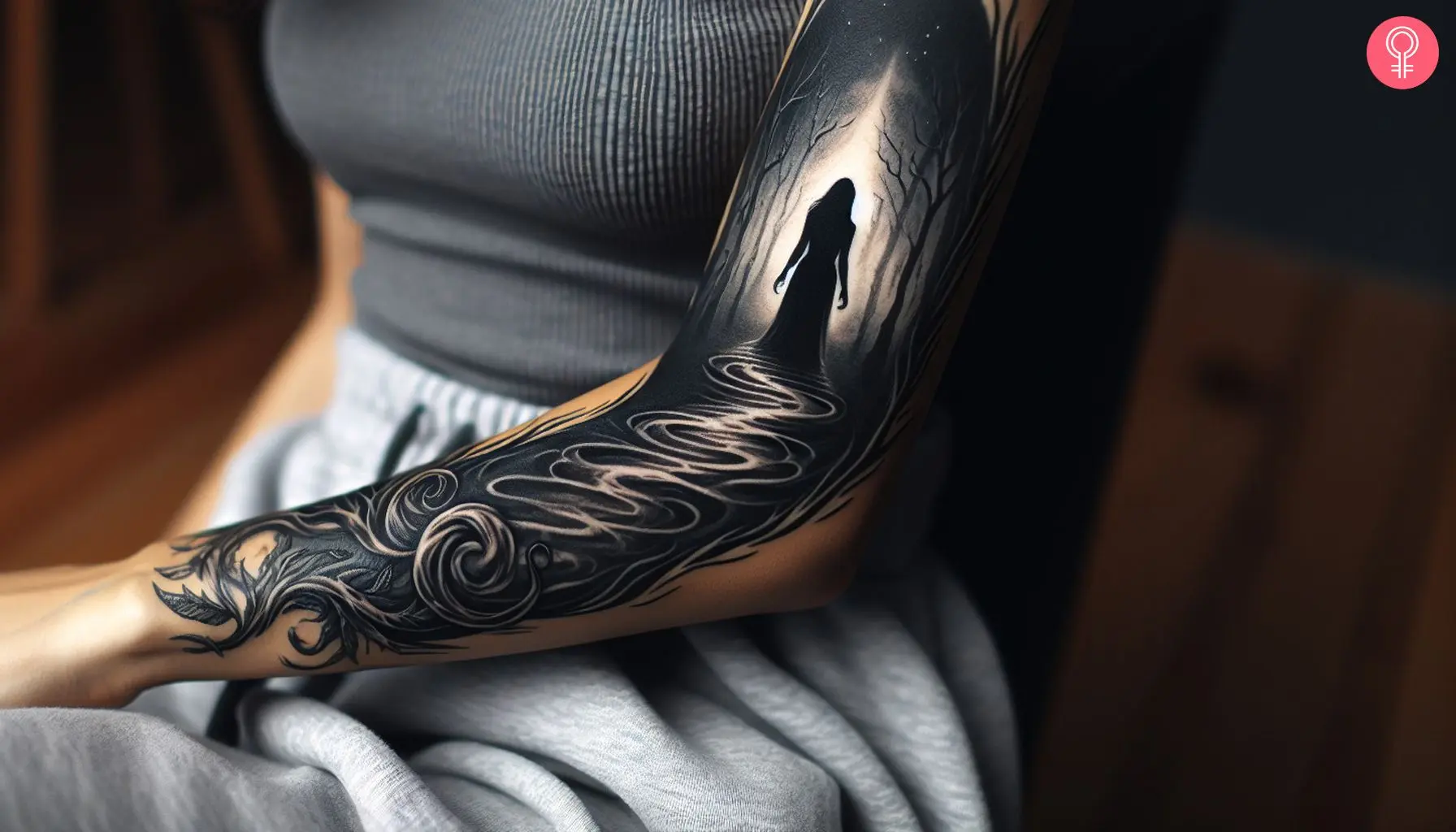 A shrouded figure in a dark wood tattoo on the sleeve