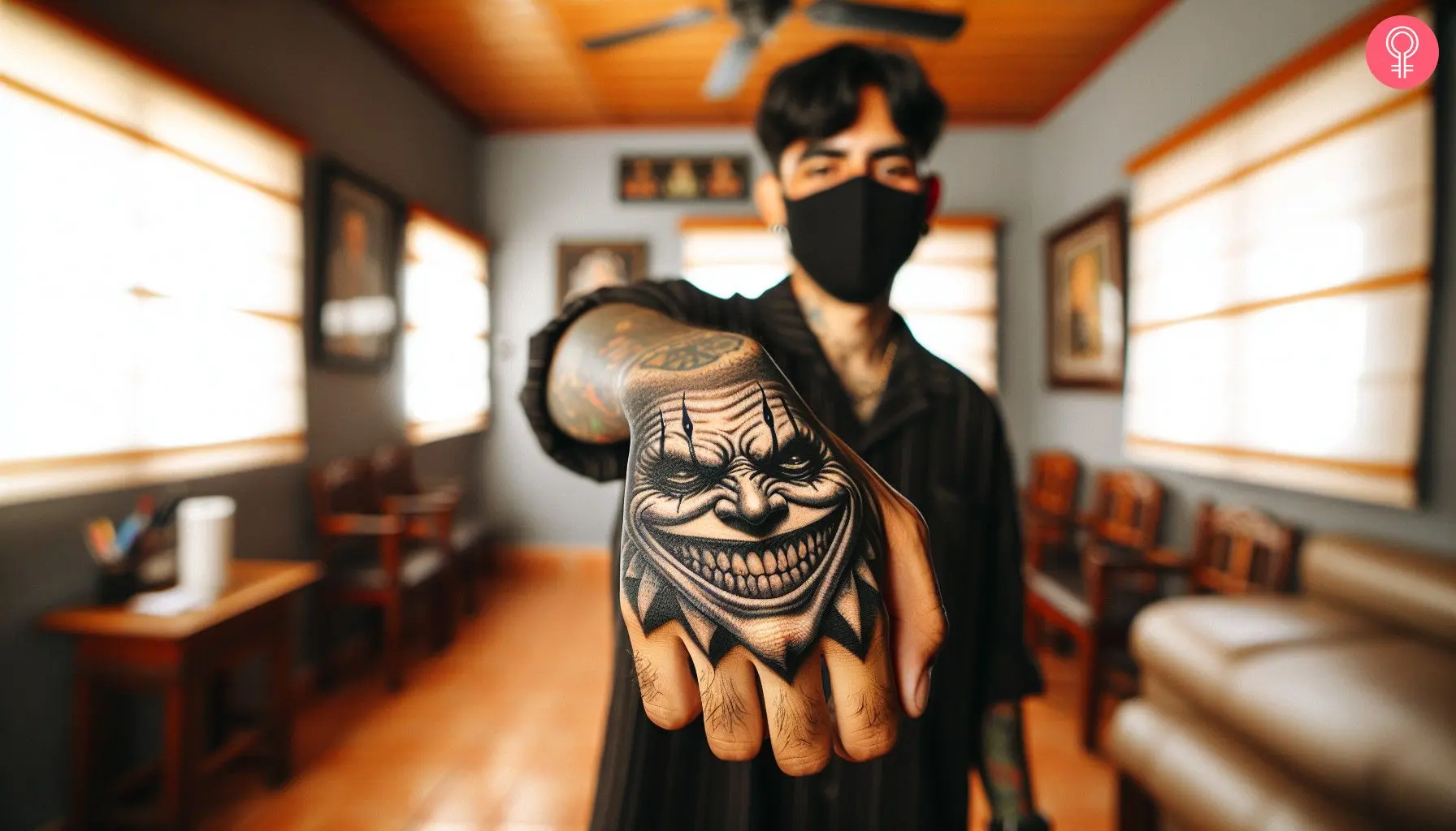 A sinister Joker smile hand tattoo in black and white