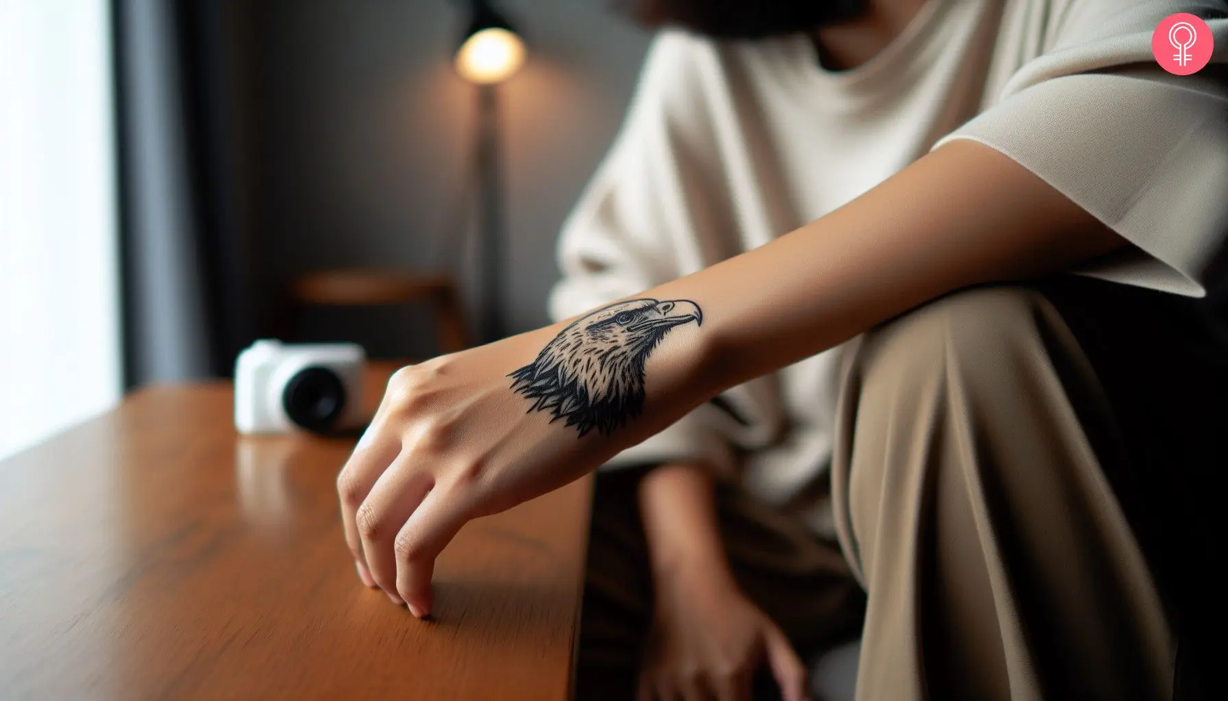 A small bald eagle head outline tattoo on the back of the hand