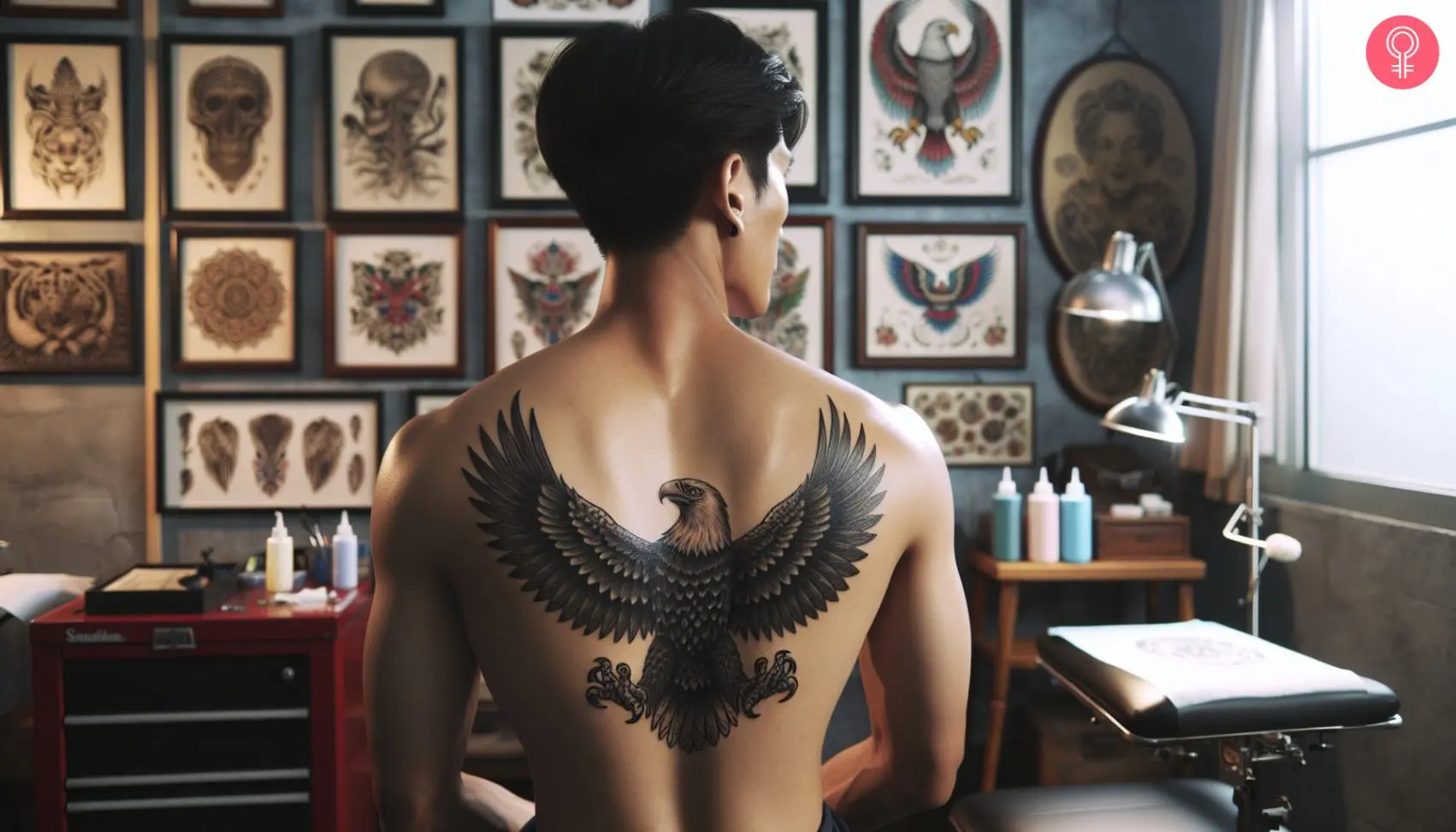 A soaring bald eagle tattoo on the back in black ink