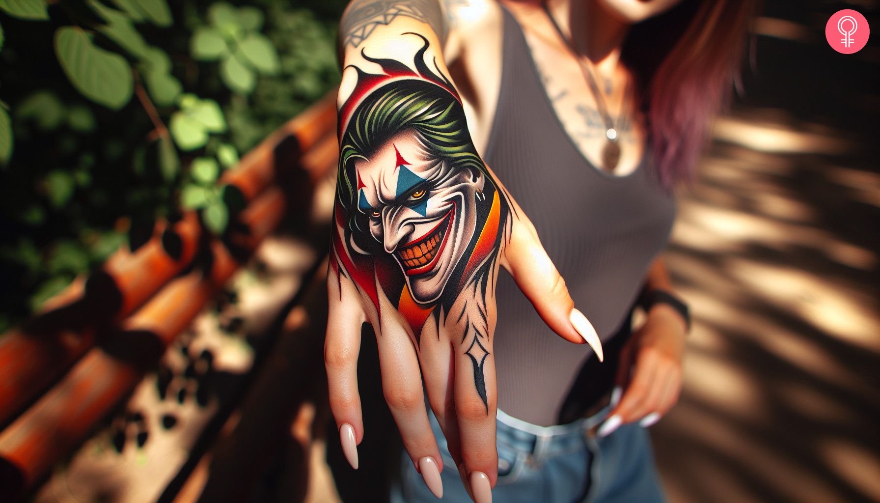 A stylish Joker tattoo with a gleeful expression