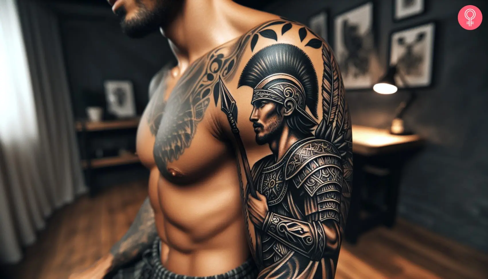 A warrior portrait tattoo inked in black on the upper arm