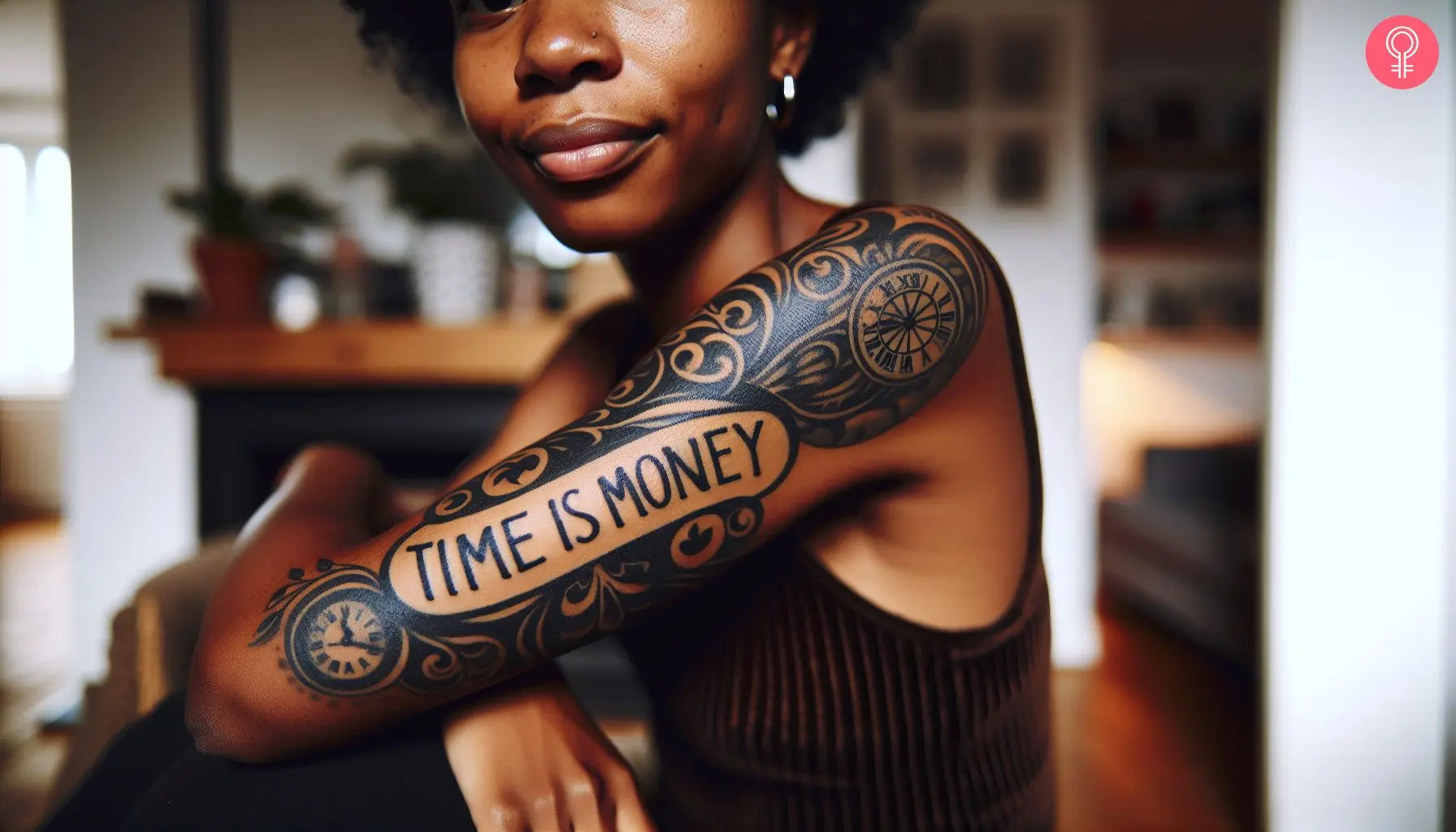 A woman with a Time is Money quote tattoo on her arm