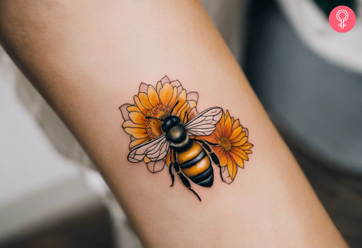 A woman with a honey bee perching on flowers tattooed on her forearm