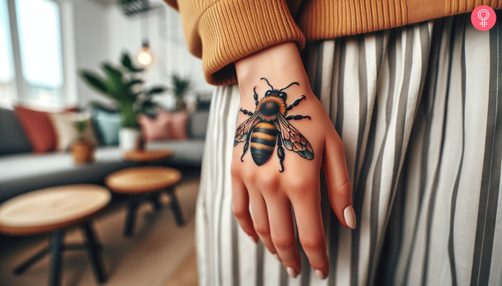 A woman with a honey bee tattoo on her hand