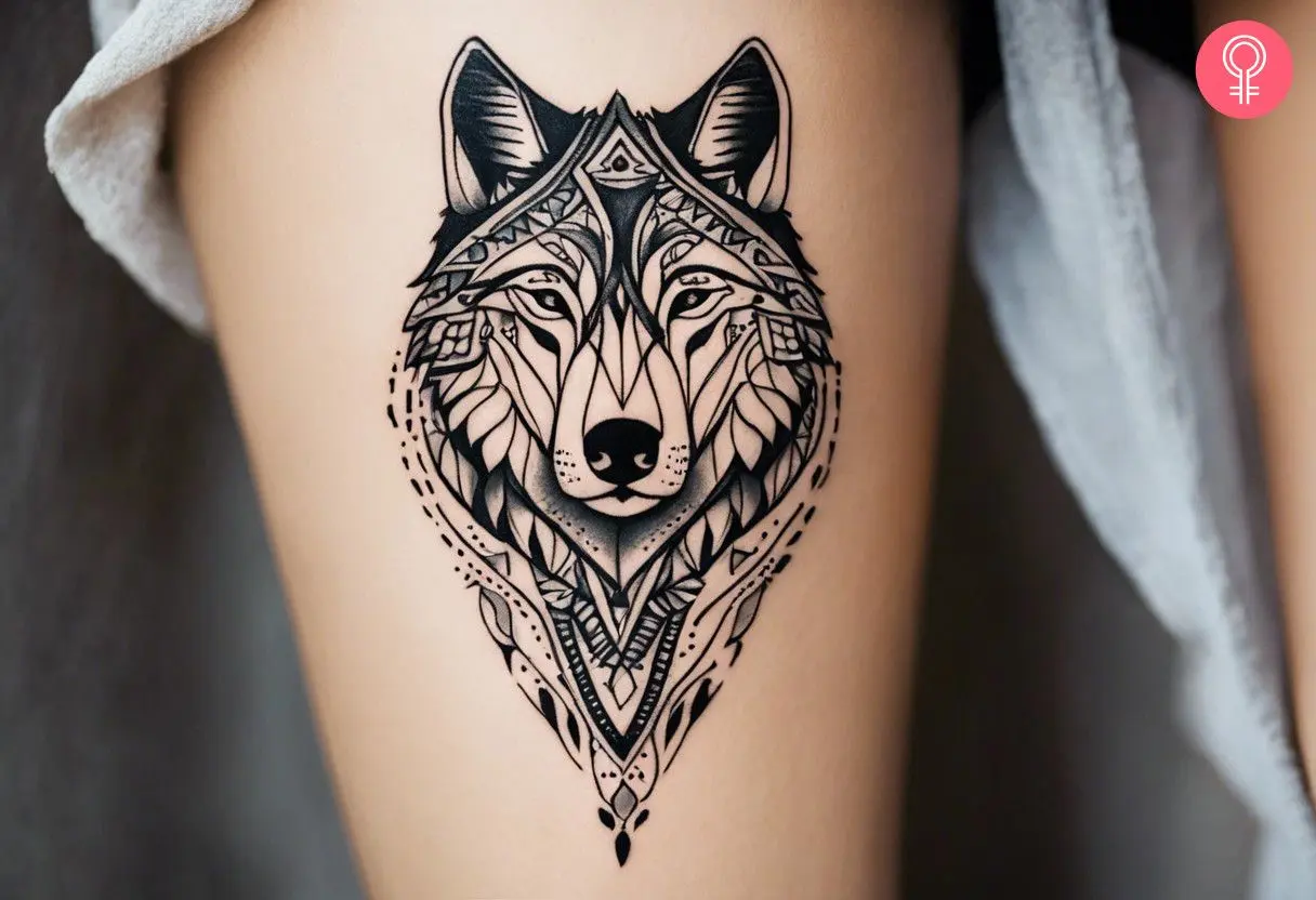 A woman with a tribal lone wolf tattoo on her thigh