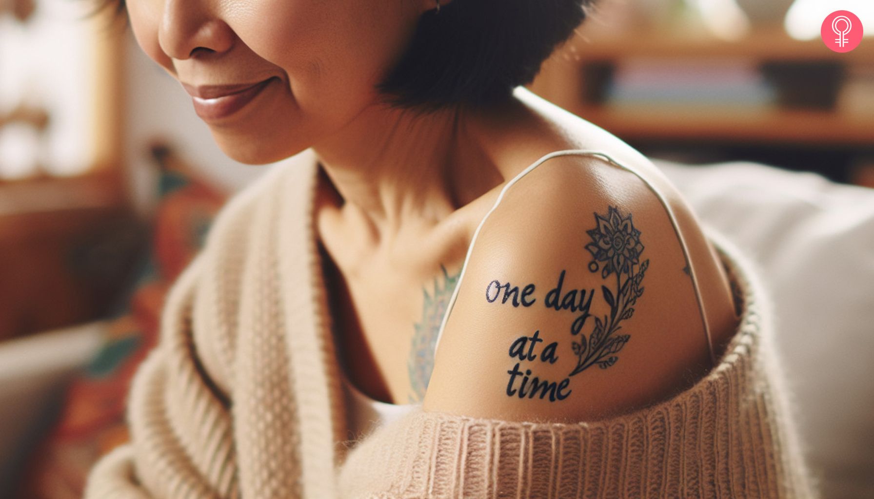 A woman with a one day at a time quote tattoo on her shoulder