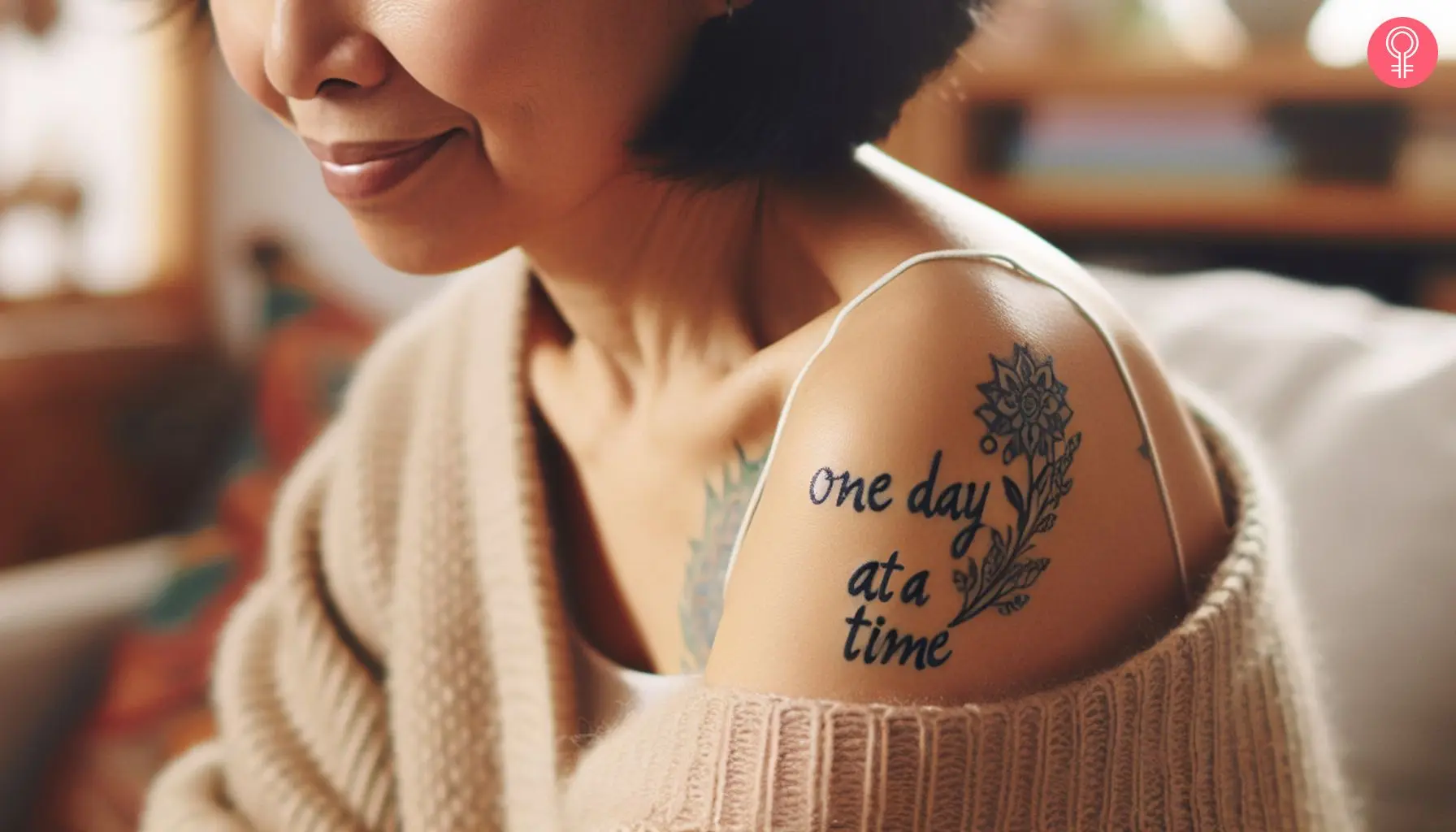 A woman with a one day at a time quote tattoo on her shoulder