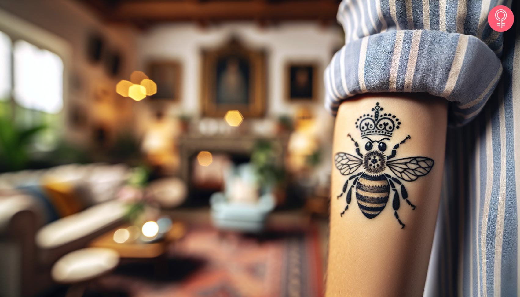 A woman with a queen honey bee tattoo on her arm