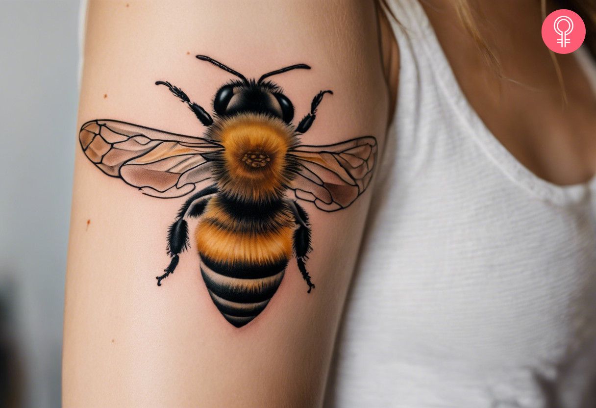 A woman with a realistic honey bee tattoo on her arm