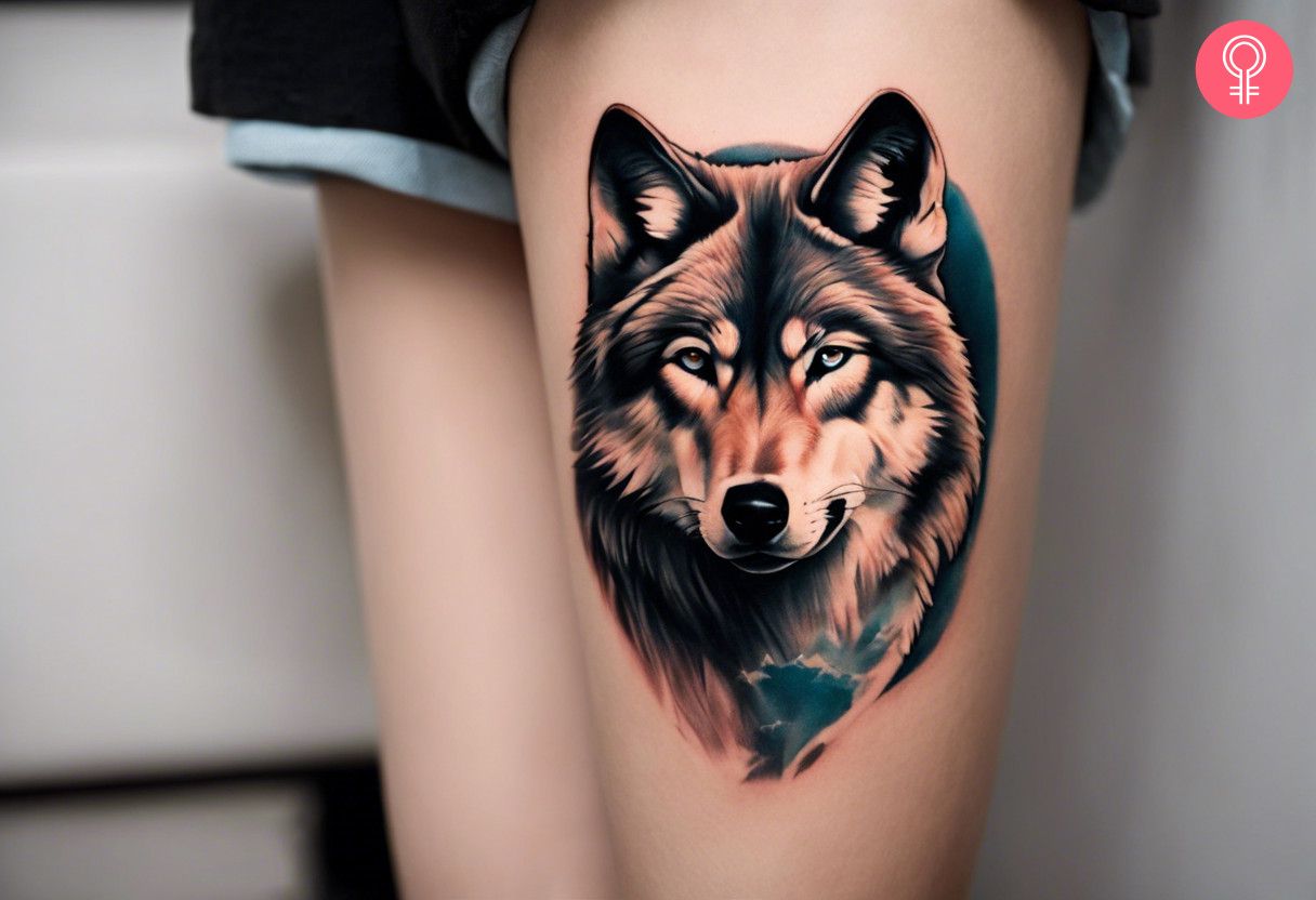 A woman with a realistic lone wolf tattoo on her thigh