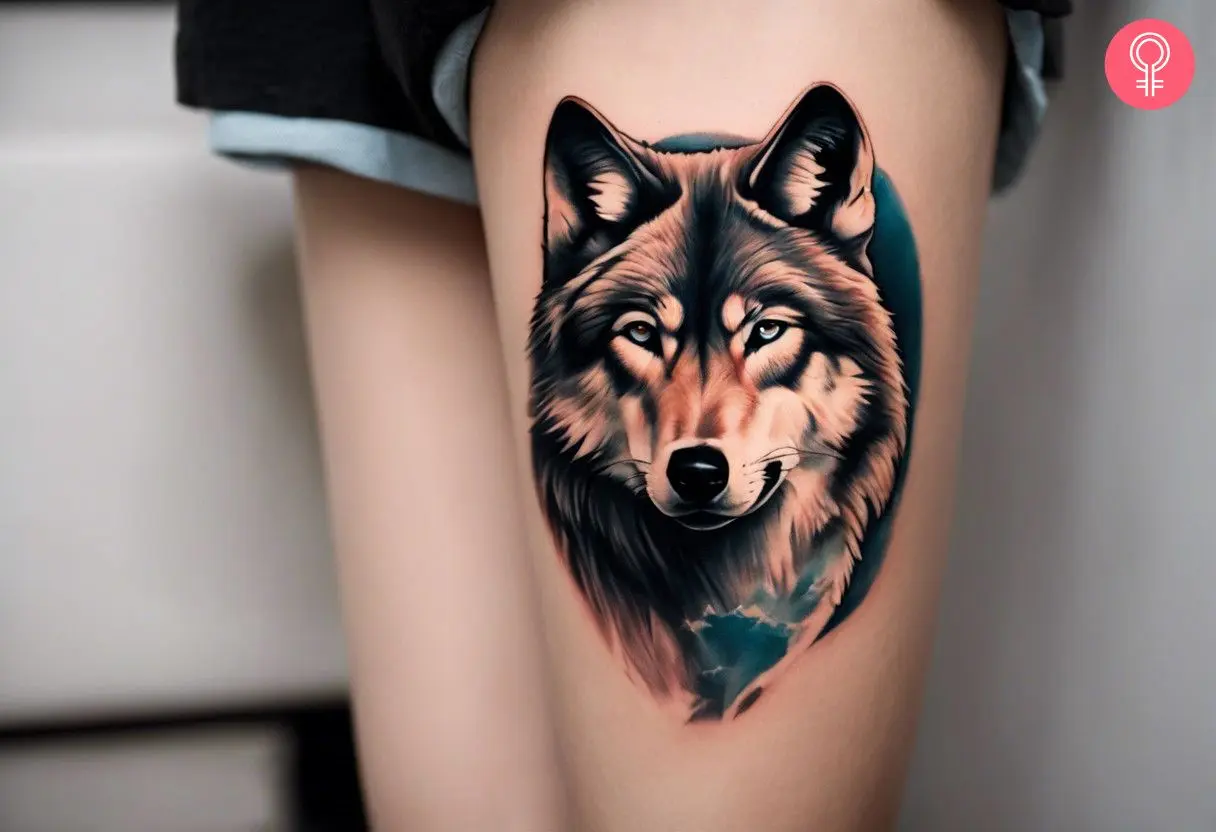 A woman with a realistic lone wolf tattoo on her thigh