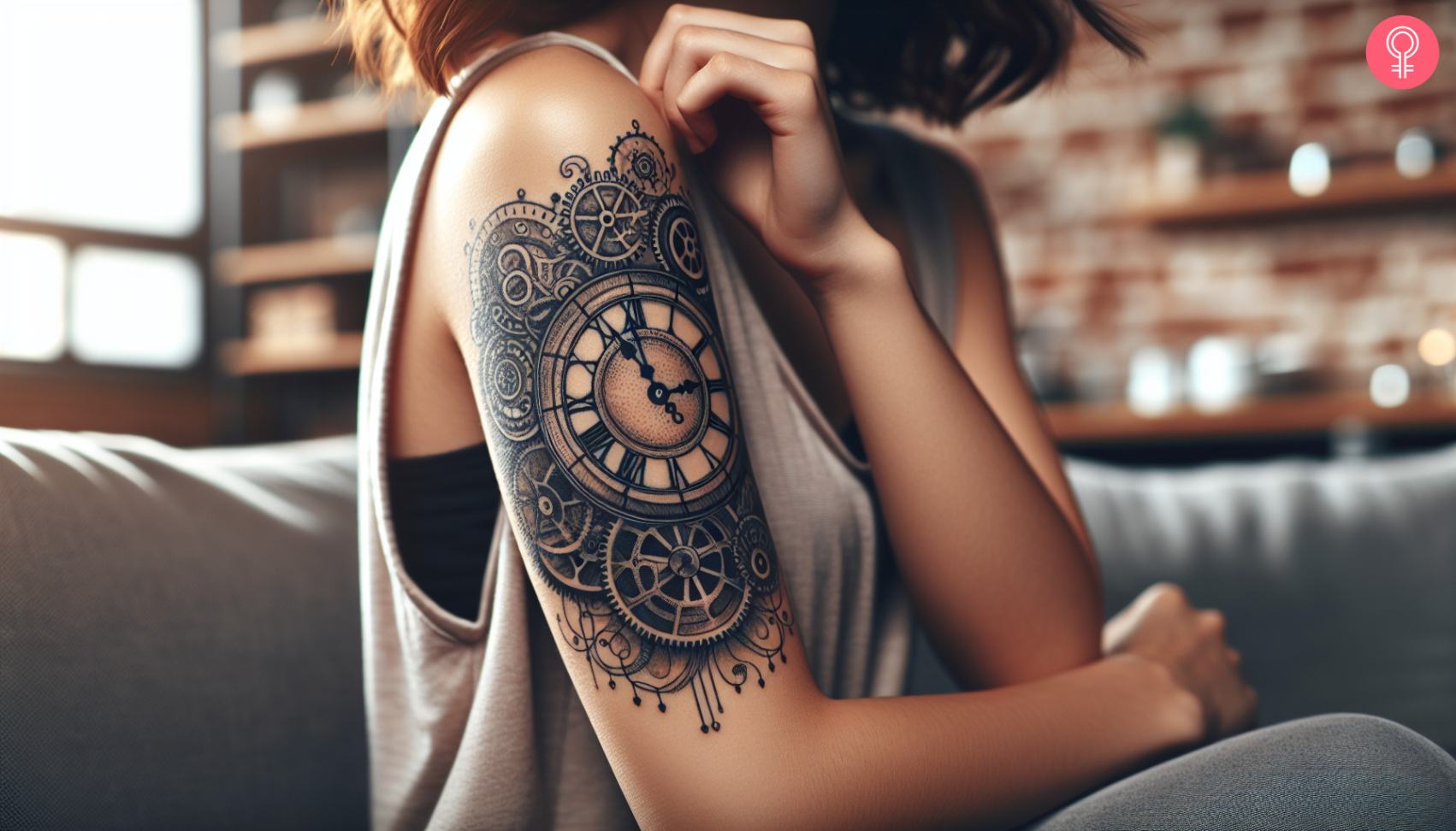 A woman with a time clock tattoo on her upper arm